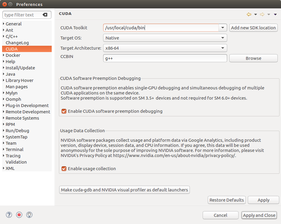 Cuda toolkit preference page