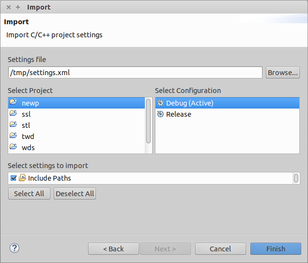 Import C/C++ Project Settings.