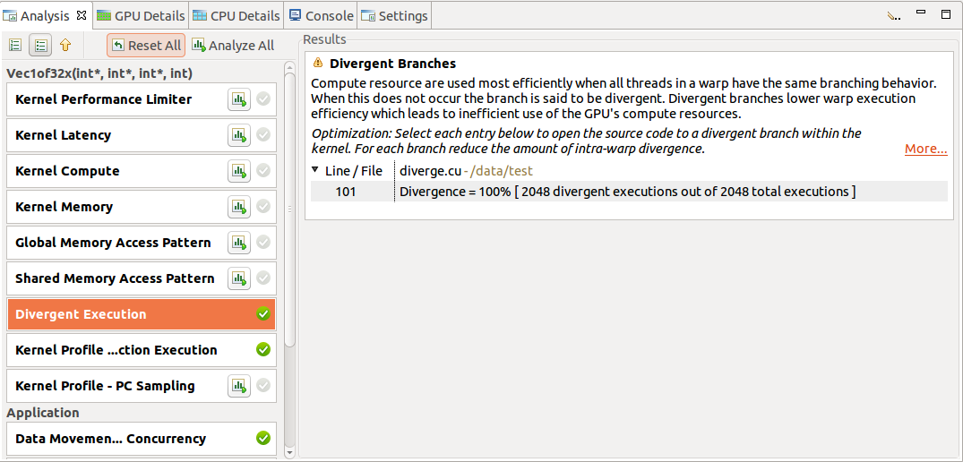 Analysis View is used to control application analysis and to display the analysis results.