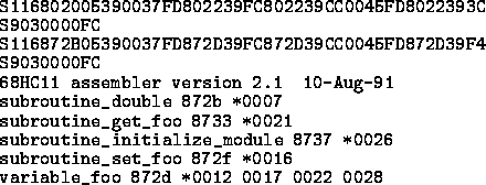 \begin{figure}
{\small
\addtolength {\baselineskip}{-.2\baselineskip}
 
\begin{v...
 ...oo 872f *0016 
variable_foo 872d *0012 0017 0022 0028\end{verbatim}}\end{figure}